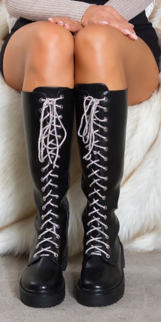 Trendy Biker Look Boots with glitter laces Black